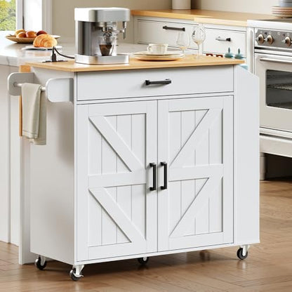 HOOBRO Kitchen Island with Drop Leaf Countertop & Power Outlet, Rolling Island Cart on Wheels, Kitchen Cart with Drawer & Spice Rack, Mobile Island Table for Kitchen, White and Natural WN86UZD01 - color: Natural + White