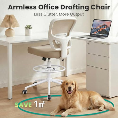 Armless Drafting Chair Tall Office Chair for Standing Desk - Adjustable Height Mesh Ergonomic Stool with Foot Ring, Rolling Counter Height Computer Chair for Small Spaces & Home Office - color: Khaki