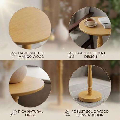 Relso Stambha Solid Wood Drink Table - 24" Tall Round Accent Side Table, Handcrafted Natural Finish, Mango Wood, Perfect for Living Room, Bedroom or Indoor Plant Stand, 12" Compact Top - color: Stambha Natural