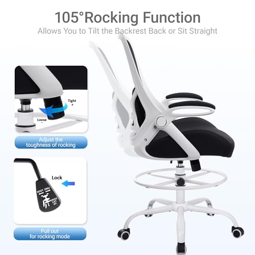 400lbs Heavy Duty Drafting Chair 5" Thickened Seat Office Chair with Flip-Up Armrests Tall Ergonomic Computer Chair with Lumbar Support and Adjustable Footrest Ring Standing Desk Chair (Black) - color: Black&white