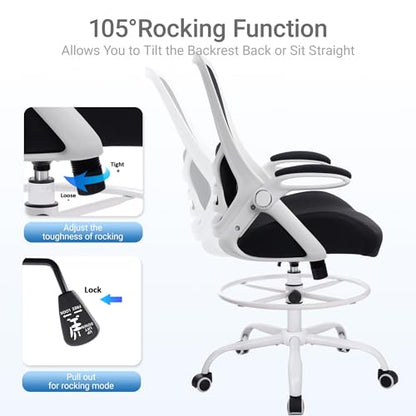 400lbs Heavy Duty Drafting Chair 5" Thickened Seat Office Chair with Flip-Up Armrests Tall Ergonomic Computer Chair with Lumbar Support and Adjustable Footrest Ring Standing Desk Chair (Black) - color: Black&white