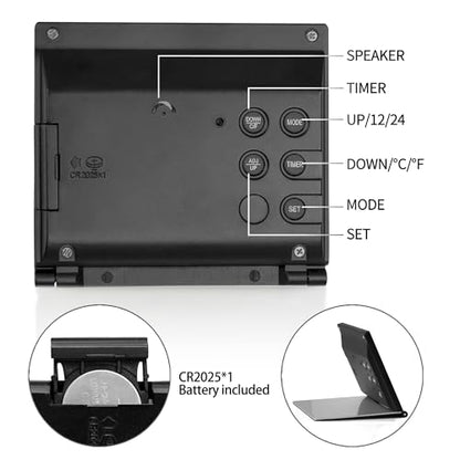 Betus Digital Travel Alarm Clock – Foldable Calendar, Temperature & Timer with Snooze – Large Number Display, Battery Operated – Compact Desk Clock for Home & Office (Black) - color: Black