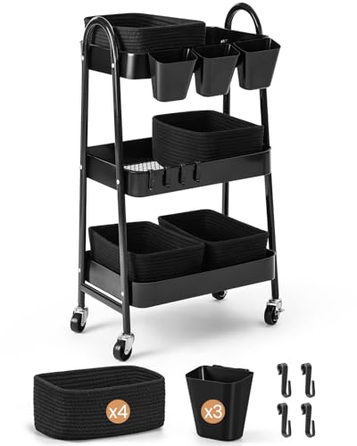 3-Tier Rolling Utility Cart with 4 Woven Baskets, Diaper Book Snack Cart, Storage Organizer for Nursery, Kitchen, Craft Room, Home SPA, Living Room, Metal Frame Trolley on Lockable Wheels, Black - color: Black