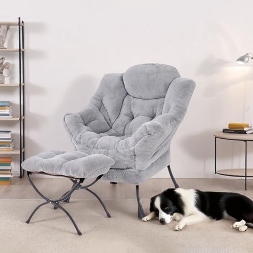 Lazy Chair with Ottoman, Comfy Reading Accent Chair, Plush Light Grey | Foldable Footrest, Padded Seat and Backrest, Side Pocket for Lounging in Living Rooms, Bedrooms, Dorms and Small Spaces - color: Plush-light Grey