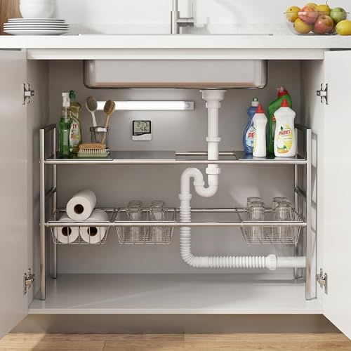 Under-Sink Organizer 2-Tier Expandable Cabinet Storage (4 panels 4 baskets) | LED Motion-Sensing Auxiliary Lighting Dial Thermometer Stainless Steel Telescopic & Adjustable Rust-Resistant - size: 4 panels 4 baskets