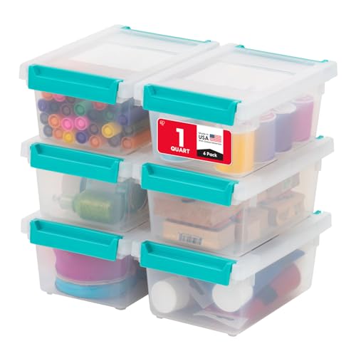 IRIS USA Storage Bins with Lids |Made in USA| 1 Qt - (6-Pack) - Clear | Sensory Craft Organizers, Plastic Clip Box Totes, Flat Containers for Organizing Paper, Office, Art & Study Supplies - color: Clear/Seafoam Blue, size: 1 Qt. - 6 Pack