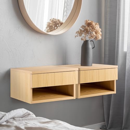 JONATHAN Y Ettore 15.7" Wall Mounted Nightstand, Light Oak | Soft-Close Drawer, Open Storage Cubby, Built-In Cable Management Hole, Minimalist Wood-Grain Laminate, Floating Design - color: Light Oak, size: Set of 1, style: Ettore
