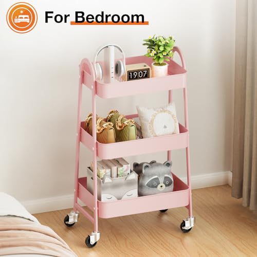 NEWBULIG 3-Tier Metal Rolling Cart with Lockable Wheels, Heavy Duty Mobile Utility Storage Shelf, Roller Book Snack Cart, Organization for Livingroom, Bathroom, Office, Pink | Mobile Organizer Shelf, Space-Saving, Freestanding, Bathroom, Living Room, Slim