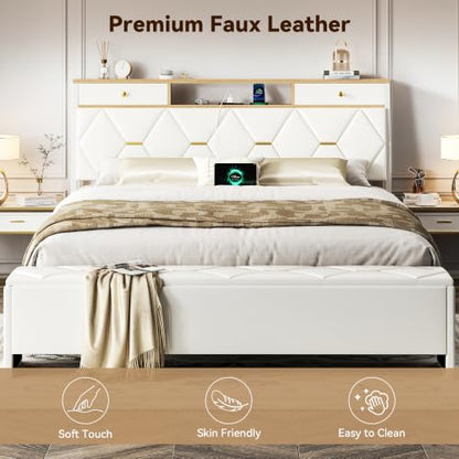 FreeHouse Full Size Bed Frame with Headboard & Storage, All Metal Structure | PU Leather Upholstered Bed Frame Full Size with Charging Station, Diamond Tufted, Gold Accents, No Box Spring Needed, White - color: White, size: Full