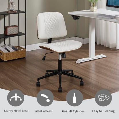 VipDesk Small Home Office Chair - Armless Mid Back Desk Chair with 360° Swivel and Wheels, PU Upholstered Height Adjustable Modern Walnut Computer Chair for Home, Office Meeting Room - White - color: White, size: MCM Style