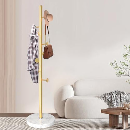 Coat Rack Stand,Golden Metal Coat Rack Freestanding with 8 Hooks | Modern Coat Rack with Natural Marble Base,Coat Hanger Stand, 3 Adjustable Coat Clothes Tree Stand for Office - color: Golden-8Hooks