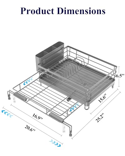 Kitsure Adjustable Dish Drying Rack, 15.6''-25.2''L × 16.9''W, Grey | Large Dish Drying Rack, Rust-Resistant Dish Racks for Kitchen Counter, With Adjustable Support Legs, Cutlery Holder - color: Gray