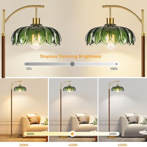 ILLMTW Wood Floor Lamp for Living Room,Bedroom,Glass Mid Century Modern Standing Lamp with Remote Dimmable,Vintage Gold Arc Tall Lamp Green Flower Lamp Shade Floor Lights Boho Bohemian Tiffany Style - size: 5-Floor Lamp