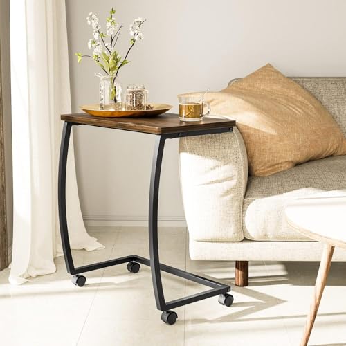 SRIWATANA Dark Walnut C Shaped Side Table with Wheels, Wood End Sofa Table | C-Table with Lockable Wheels Slides Under Sofa, Sturdy Wood Bedside Laptop Desk for Coffee, Snacks, and Study Use - color: Dark Walnut W/ Caster