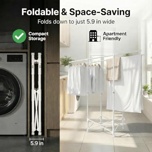 Clothes Drying Rack, Double Rod Extendable 33.1–56.7 Inches, No Assembly & Foldable Clothing Rack for Hanging Clothes with Wheels, for Indoor Outdoor Laundry Room Organization, White
