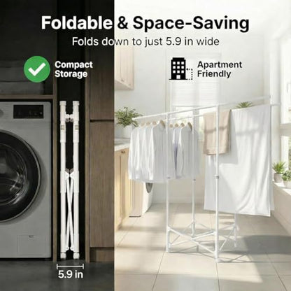 Clothes Drying Rack, Double Rod Extendable 33.1–56.7 Inches, No Assembly & Foldable Clothing Rack for Hanging Clothes with Wheels, for Indoor Outdoor Laundry Room Organization, White