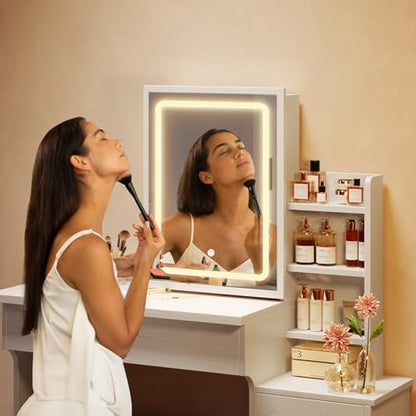 White Makeup Vanity Desk with Sliding Mirror & 4 Drawers | Smart LED Mirror, 3 Adjustable Lighting Modes, Vanity Chair, 4 Drawers, 7 Shelves, Dressing Table for Women, Girls - style: White with Slide mirror