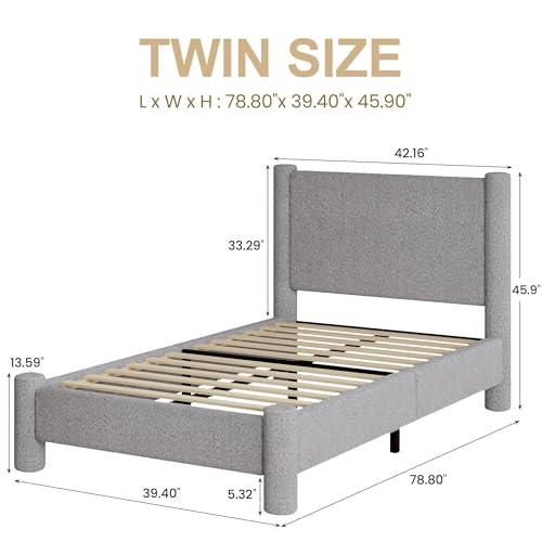 REVOMINCA Twin Boucle Bed Frame with Headboard & Footboard, Light Grey | Upholstered platform frame has soft rounded corners, needs no box spring, and features easy assembly. - color: Grey, size: Twin