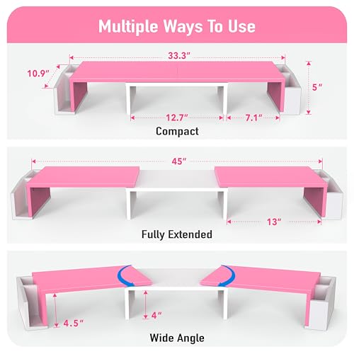 Simple Houseware Desk Dual Monitor Stand Riser with Drawer, Pink | Customizable Organizer Tray, Built-In Phone & Tablet Slot and Side Storage - color: Pink