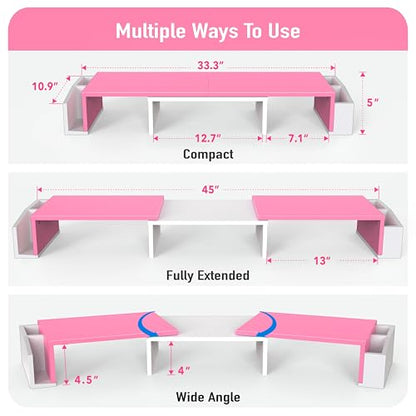 Simple Houseware Desk Dual Monitor Stand Riser with Drawer, Pink | Customizable Organizer Tray, Built-In Phone & Tablet Slot and Side Storage - color: Pink