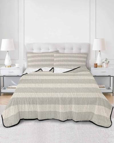 Minimalist Taupe Stripes Twin Quilt Bedding Set,Summer Quilt Lightweight Quilted Coverlet with 2 Pillow Shams, Farmhouse Linen Texture 3-Piece Bedspread Quilt Set for All Season - size: Twin-68x86in