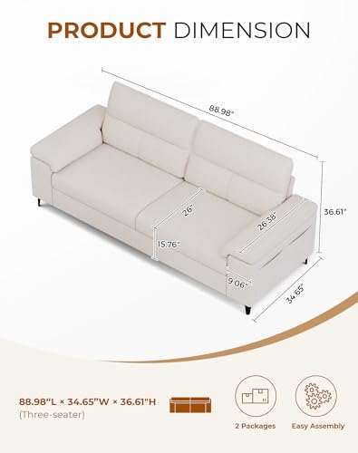 Upvilla 88.97" Modern Couches for Living Room(Beige) | with 8” Cushion, Comfy 2-Seater Chenille Loveseat Sofa with Convertible Armrest, Removable Sofa Cover, High Leg - color: Beige, size: 88.97" Couch