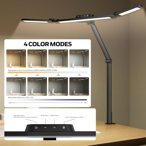 Honeywell Wide Desk Lamp with Clamp for Dual Monitors, 22W Full-Spectrum Eye-Caring LED Desk Lamp for Home Office, 3-Section Adjustable Architect Light for Large Desk, Stepless Dimming, 3000K-5700K