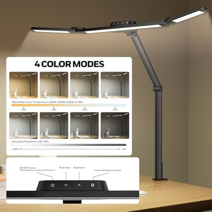 Honeywell Wide Desk Lamp with Clamp for Dual Monitors, 22W Full-Spectrum Eye-Caring LED Desk Lamp for Home Office, 3-Section Adjustable Architect Light for Large Desk, Stepless Dimming, 3000K-5700K