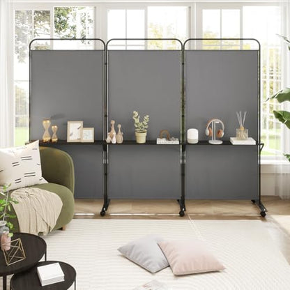 GOFLAME 3 Panel Room Divider with Storage Shelves, 6FT Folding Privacy Screen with Lockable Wheels, Portable Rolling Wall Divider, Freestanding Partition Screen for Room Separation, Grey - color: Grey