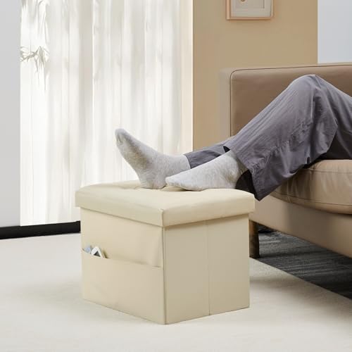 Bsketa Storage Ottoman Bench,17 Inch Folding Leather Foot Rest Stool, Beige | Small Ottoman with Side Pockets, Thicker Foam Padded Seat, Livingroom, Dorm, Bedroom, Easy to install, 43L,17x13x13in - color: Beige-with Side Pockets..