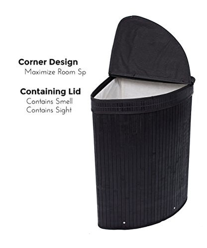 BirdRock Home Corner Laundry Hamper with Lid and Cloth Liner - Bamboo - Black - Easily Transport Laundry Basket - Collapsible Hamper - String Handles
