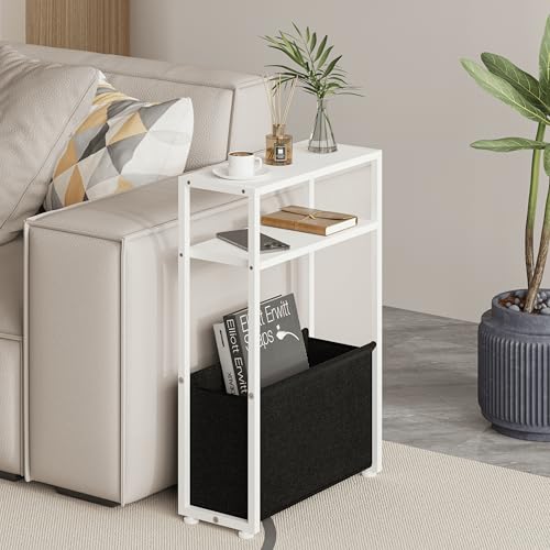 Leomonio Narrow Side Table, Slim End Tables with Fabric Basket, Skinny Table for Small Spaces, Thin Bedside Table for Living Room, Bedroom, White, ZBZ01 - color: White