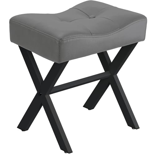 18-Inch Leather Vanity Stool Chair, Gray Makeup Stool | Vanity Bench, Metal X-Leg, 300 LBS, 16.3"x12.4"x18", Ottoman Accent Stool, Thick Padded Saddle Seat, For Living Room Bedroom - size: Small, style: Gray Leather