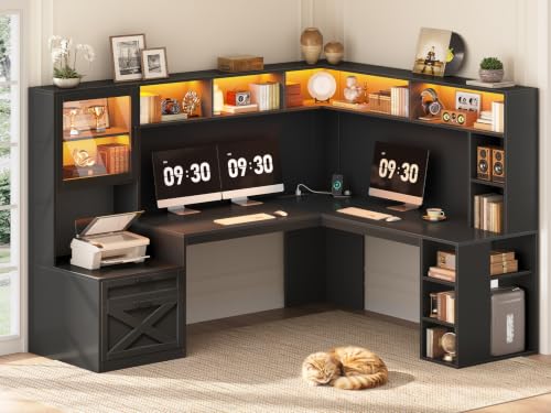 SEDETA Farmhouse L Shaped Computer Desk with Double Hutch, Storage Drawers | 68" Large L Shaped Corner Gaming Desk with LED Lights, Shelves, Display Cabinet, Power Outlet for Home Office, Black - color: Black, size: l shaped desk with Double Hutch