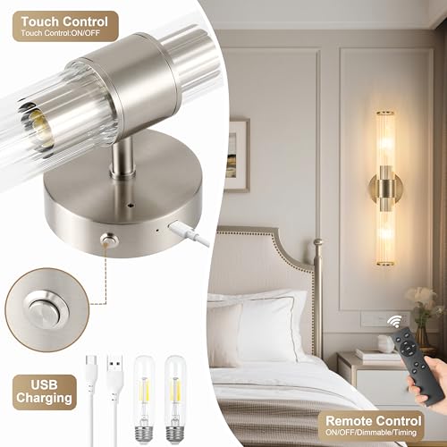 Morauroral Sand Nickel Battery Operated Wall Sconces Set of Two, Rechargeable Wall Sconce with Dimmable Remote Control, 20 Inch Wireless Sconce Wall Light for Bedroom, Living Room (Bulbs Included) - color: Sand Nickel