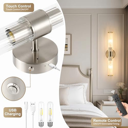 Morauroral Sand Nickel Battery Operated Wall Sconces Set of Two, Rechargeable Wall Sconce with Dimmable Remote Control, 20 Inch Wireless Sconce Wall Light for Bedroom, Living Room (Bulbs Included) - color: Sand Nickel