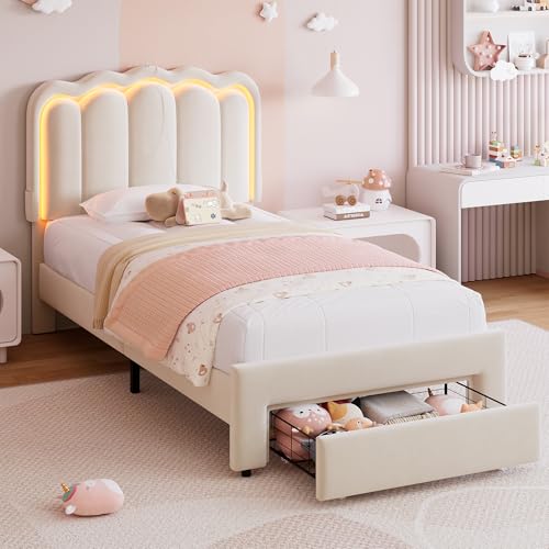 Twin Upholstered LED Bed Frame with Storage Drawer and Adjustable Chic Double Wavy Headboard, Velvet Princess Platform Bed for Kids/Girls, Solid Wood Slats Support, No Box Spring Needed, Beige - color: Beige, size: Twin
