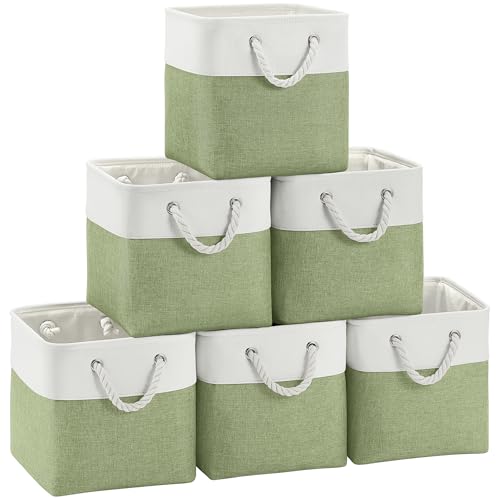 FinishingBo 11 inch Cube Storage Bin with Handles 6 Pack | Foldable Basket, Fabric Storage Bins, Closet Storage, Home Organizer (White/ Green) - color: White/Green-6 Pack