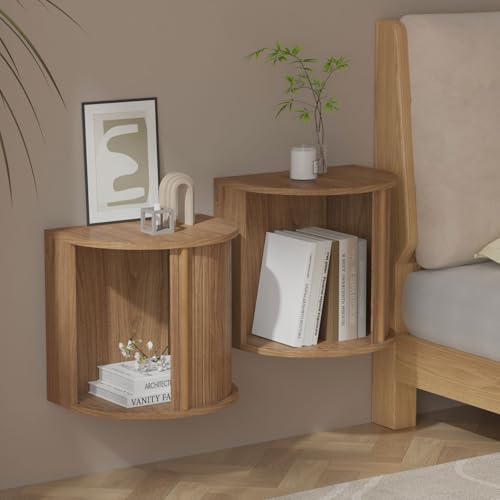 Floating Nightstand Set of 2 with Sliding Roller Shutter Doors,Walnut | Set of 2 Floating Nightstands,Smooth Sliding Roller Shutters Hide Clutter.Curved Rounded Edges,Space-saving. - color: Floating Nightstand-walnut