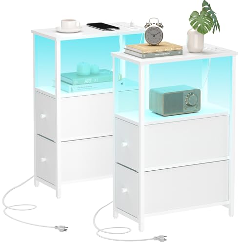 TUTOTAK Narrow LED End Table with Charging Station, Skinny Side Table | Bedside Table with Outlets, Nightstand with 2 Cloth Drawers, Couch Table for Living Room, Bedroom, White TB01BW056 - color: White, style: 2 Drawers with Plug & Light