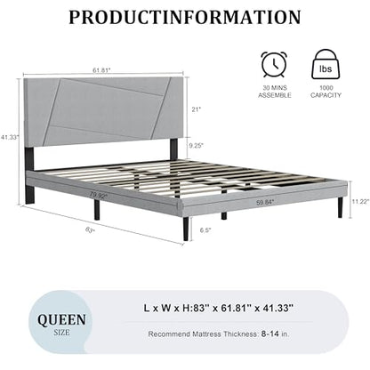 Queen Size Upholstered Bed Frame Frame with Headboard，Velvet Grey | Geometric Head Board Platform Bed, Sturdy Wooden Slats, Noiseless No Box Spring Required, Easy to Assemble - color: Light Gray, size: Queen