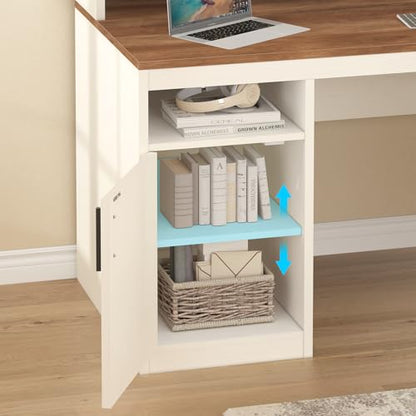 65" Computer Desk with 3 Drawers & Printer Shelf for Home Office | Office Desk with Printer Shelf & File Drawer, Executive Desk Writing Study Table with Monitor Stand, Brown & White - color: Antique White