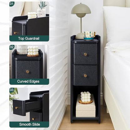 Narrow Nightstand Set of 2, Wooden Small 2 Drawer Nightstand, Slim Side End Table, Skinny Bedside Table, Mid Century Modern Night Stand with Drawers for Bedroom (Black-2 pcs) - color: Black-2 Pcs