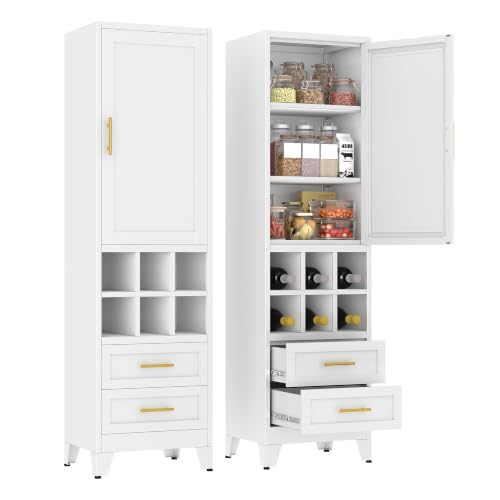67" Tall Metal Pantry Cabinet, Narrow Freestanding Storage Cabinet, White | Slim Kitchen Storage Organizer with 2 Drawers & 6 Wine Rack Slots, Multi-Use Cupboard for Dining Room Living Room Apartment - color: White - B, size: 15.7"D x 19.7"W x 67"H