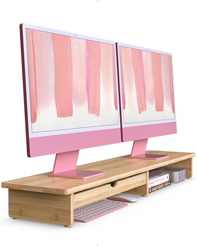 42” Monitor Stand with Large Drawer Keyboard Storage,Bamboo | Dual Computer Monitor Riser Shelf for 55-72 Inch Desk Aesthetic Workplace Computer Setup Desktop Organizer Easy Assembly - color: Natural Bamboo, size: 42" with Drawer