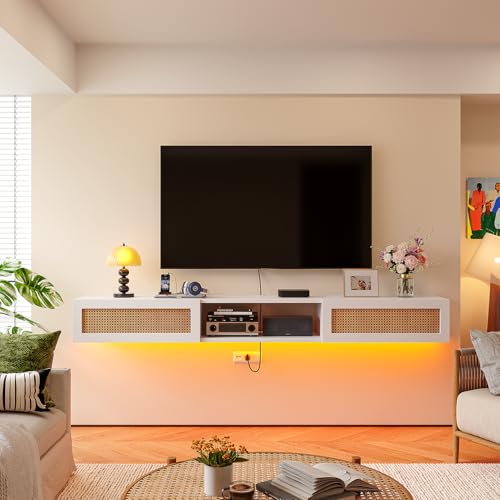 FurniNova 70" Floating TV Stand with Rattan Doors,Boho Media Console,White | Natural Rattan Doors, Boho Wall Mounted Media Console for Up to 100 inch TV, Modern Wood Entertainment Center - size: 70 IN