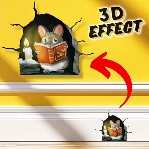 3D Mouse Reading Book in Mouse Hole, Decal Sticker, Removable Wall Decor, Book Lover Gift Idea, Baseboard, Wall Sticker Decal, Kids Room, Classroom, Library - style: Mouse Reading Book With Hole