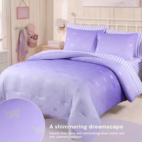 Twin Comforter Set with Sheets for Girls-5 Pieces Twin Bedding Sets | Soft Bed in a Bag, Lightweight Comforter with Pillowcases & Shams, Foil Butterfly , 66" X 86" - color: Silver Butterfly, size: Twin