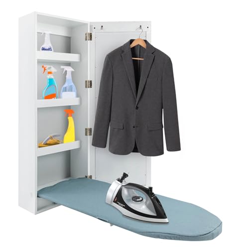 Wall Mounted Ironing Board with Storage Cabinet Built in Swivel Ironing Board with 3Tier Shelf & Dressing Mirror for Home Apartment & Small Spaces