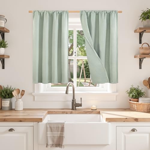 BGment Sage Green Linen Blackout Curtains 36 Inch Length for Kitchen, Room Darkening Drapes with Rod Pocket Textured for Small Bedroom Window Privacy, 2 Panels Set, Each 30 Inch Wide - color: Sage Green, size: 30"W x 36"L (Pack of 2)